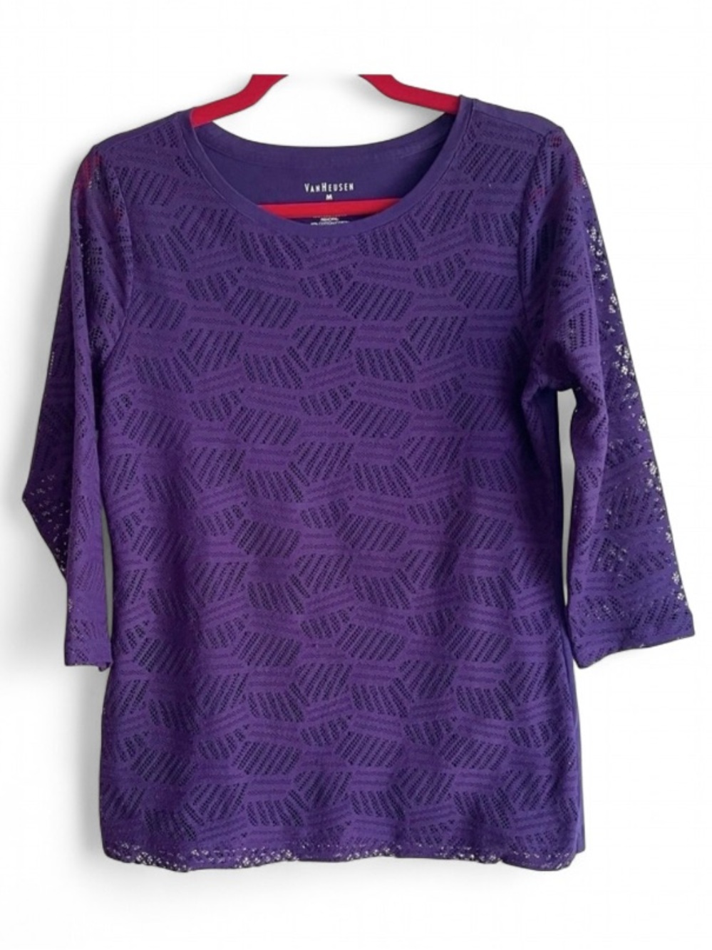 Van Heusen Women's Purple Lace Overlay 3/4 Sleeve Knit Shirt Size M